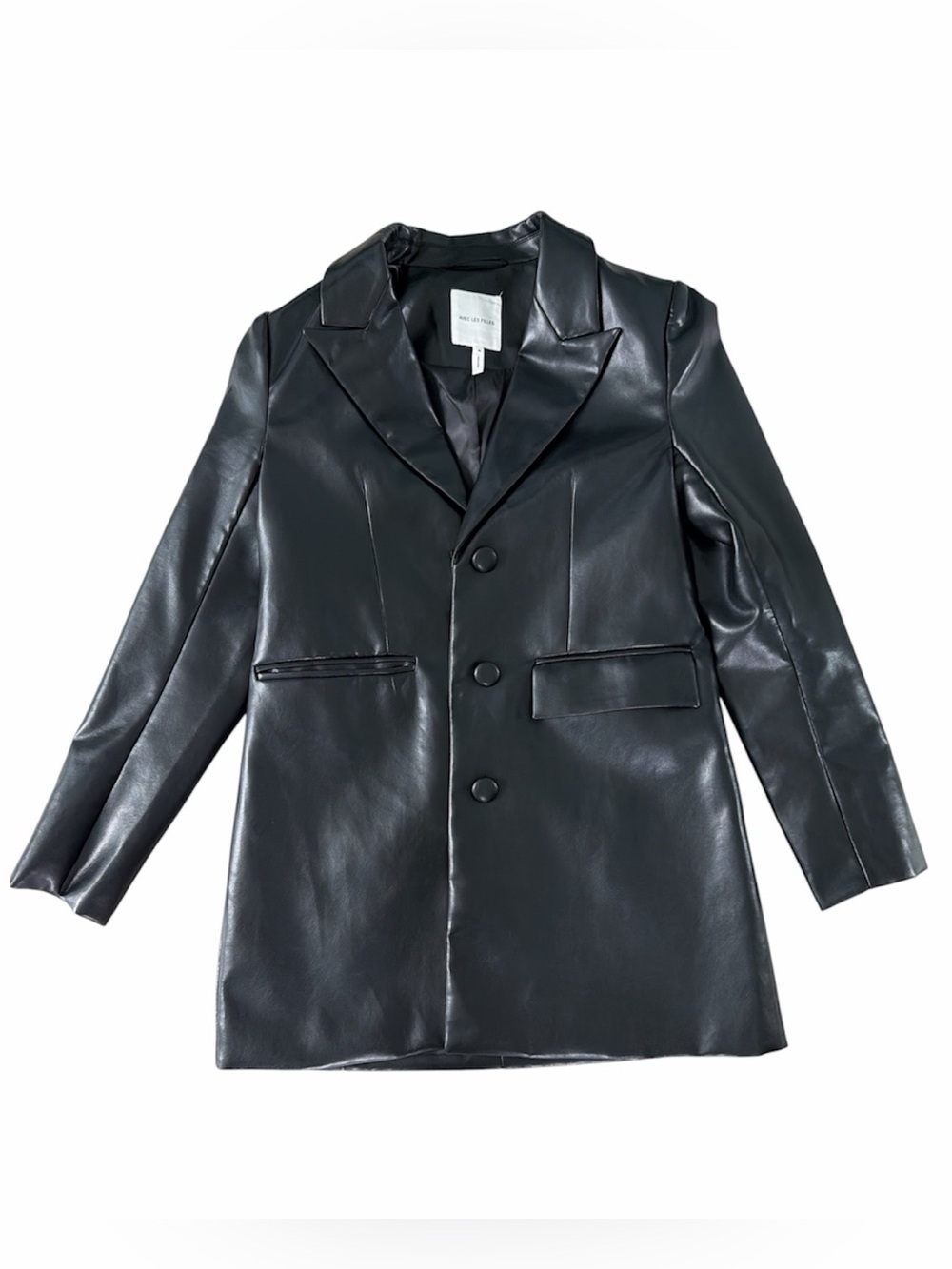Avec Les Filled Black Faux Leather Mid-Thigh Blazer Jacket Medium